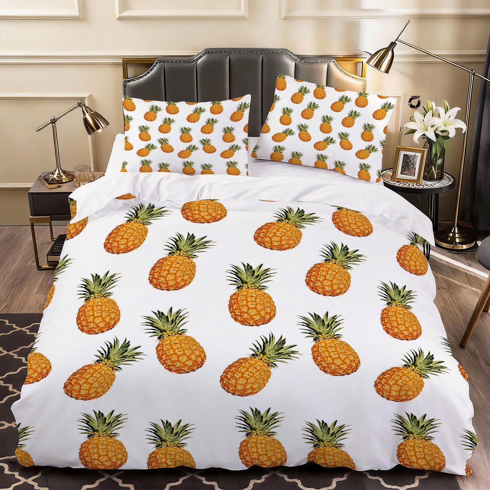 3D Pineapple Fruit Duvet Cover Cartoon Bedding Double Bed Set, Soft Microfiber Comforter Cover Printed with Zipper Closure Quilt Coverr 200x200 cm and 2 Pillowcases