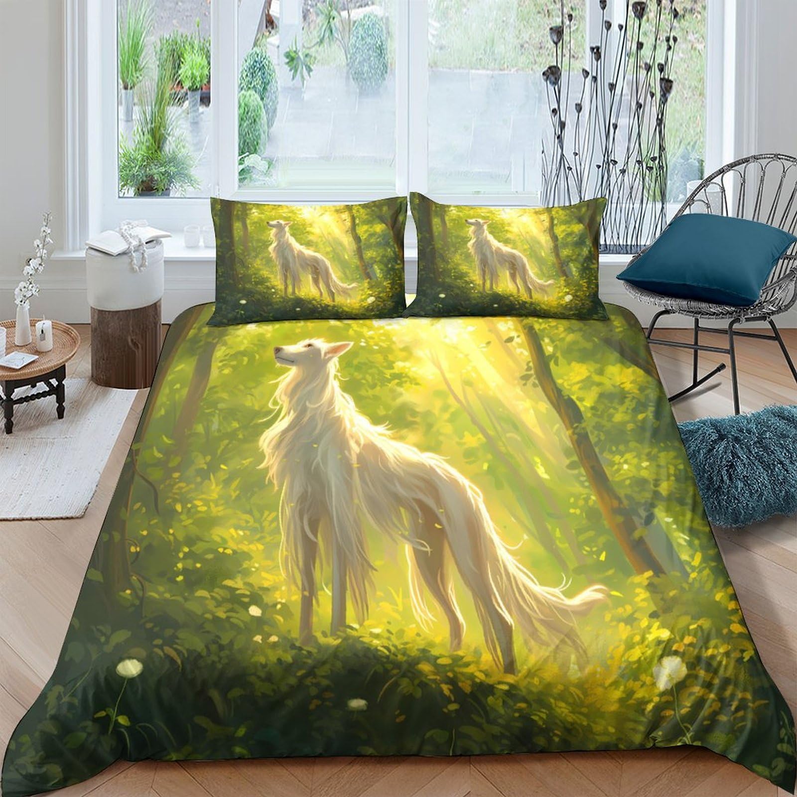 Ctjqhvkz Style-10 3D Printed Forest Light Wolf Fitted Sheet Microfiber Soft Breathable Woodland Bed Cover Bedroom Decor Mattress Protection Single（135X200cm）