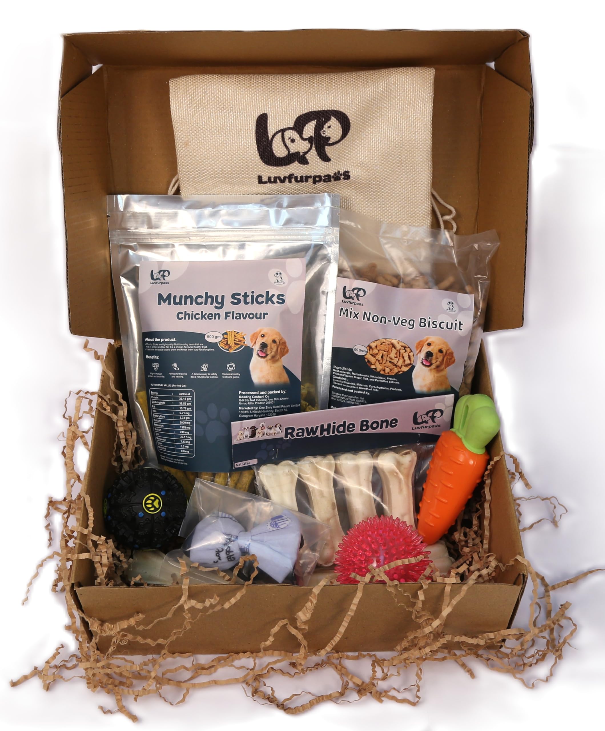 Luvfurpaws LFP Pet Gift Box - Includes Chicken Treats (500g), Dog Biscuits (500g), Rawhide Bones (4 Inches, 4 pcs), 3 Chew Toys, and Dog Bow-Tie - Perfect Pet Gift Hampers for Dogs (B0CS64H8D7) Amazon Price History, Amazon Price Tracker