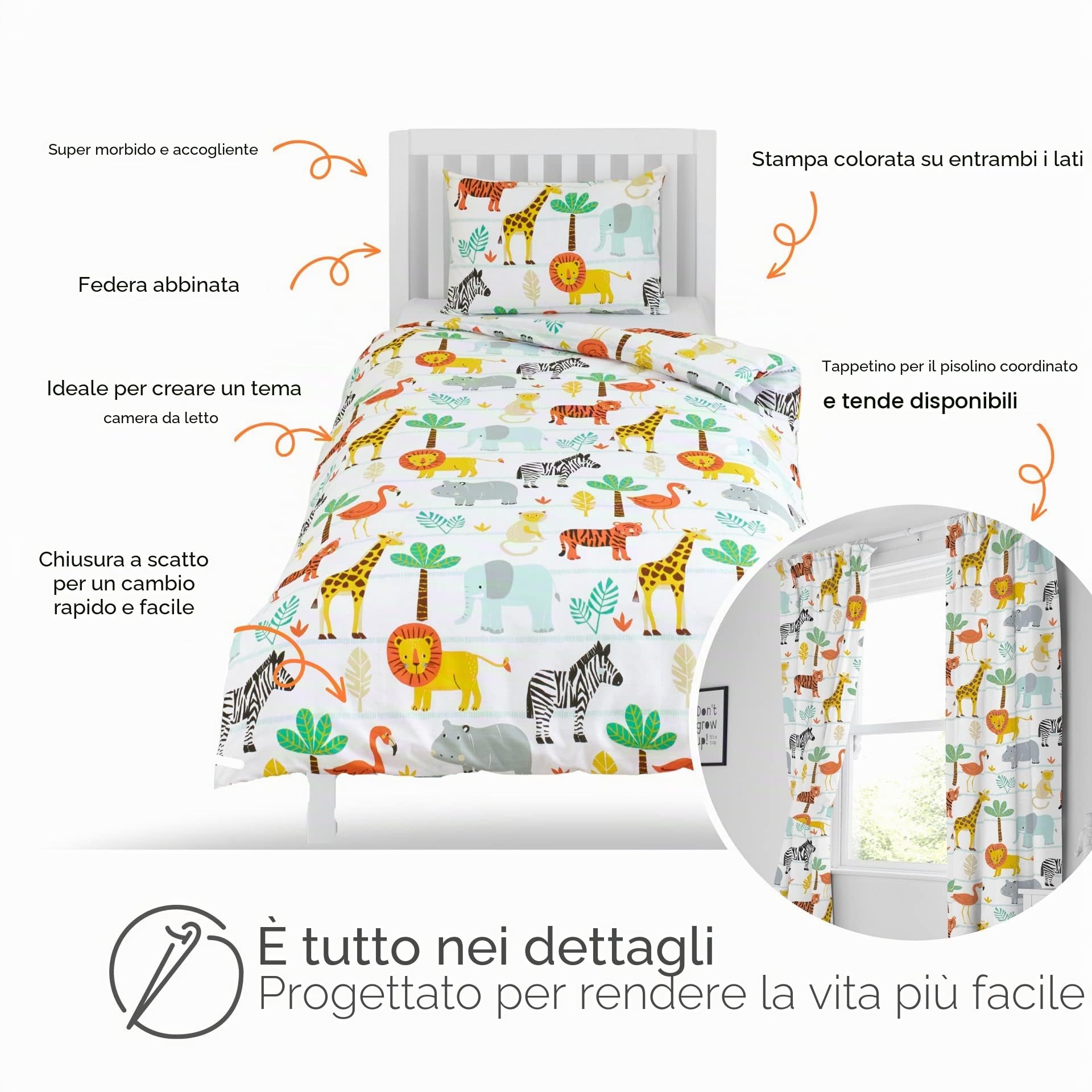 Bloomsbury Mill - Set Copripiumino Singolo Animali del Safari e Giungla - Lenzuola Letto Singolo Reversibile Per Ragazzi e Ragazee - Set di biancheria da letto per bambini - 135 x 200 cm e Federe