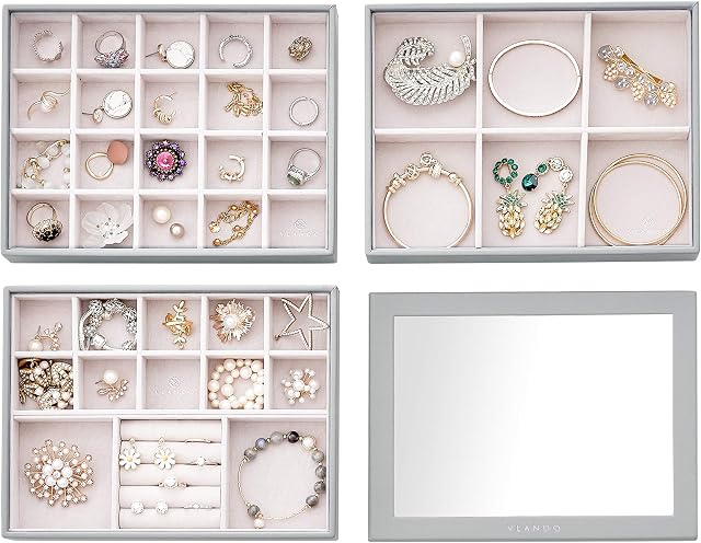 Vlando Jewellery Organiser Tray with Glass Lid, Set of 3 Medium Stackable Display Trays Storage for Earring Ring Necklace Watches for Mother Women Girls (Grey)