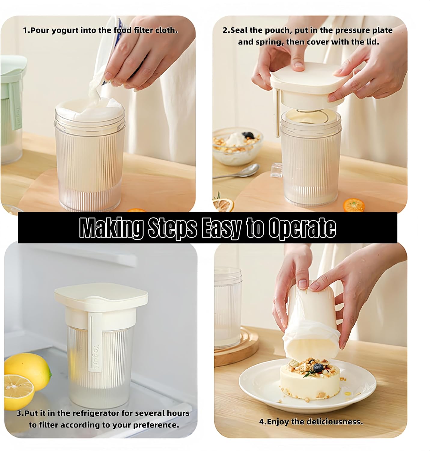 0.95 Quart（900ML）Portable Yogurt Strainer Cup, Compact Greek Yogurt Filter with Whey Separator for Cheese & Soy Milk, Leak-Proof & Easy to Carry Yogurt Maker (White)