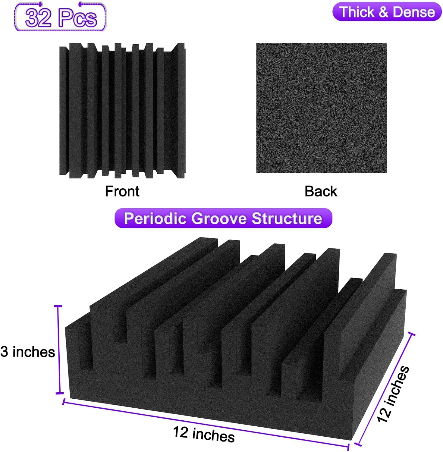 TroyStudio Thick Acoustic Foam Panels, 12 X 12 X 3 Inch 32 Pcs Broadband Sound Absorbing Foam, Dense Soundproof Padding Tile, Recording Studio Foam Absorber, Groove Decorative 3D Wall Ceiling Panel