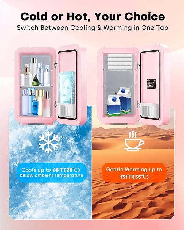 Enventor Mini Skincare Fridge Small Refrigerator for Bedroom, Beauty Fridge for Makeup with Dimmable LED Mirror, 6 L / 8 Cans Compact Portable Cooler for College Dorm, Office, Car, Pink by Enventor - Image 5
