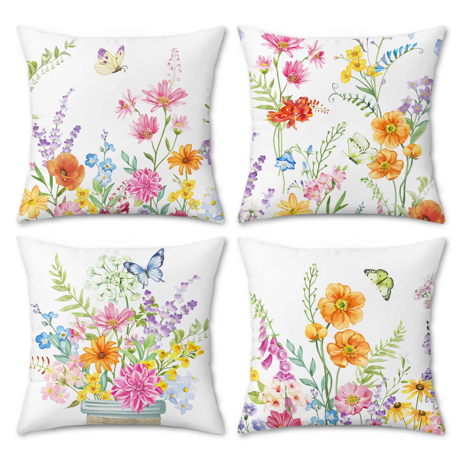 COZZSNUGE Spring Floral Cushion Covers Colorful Garden Flowers Butterfly Poppy Velvet Decorative Pillowcases for Sofa Bed Home Patio 45 x 45 cm Set of 4