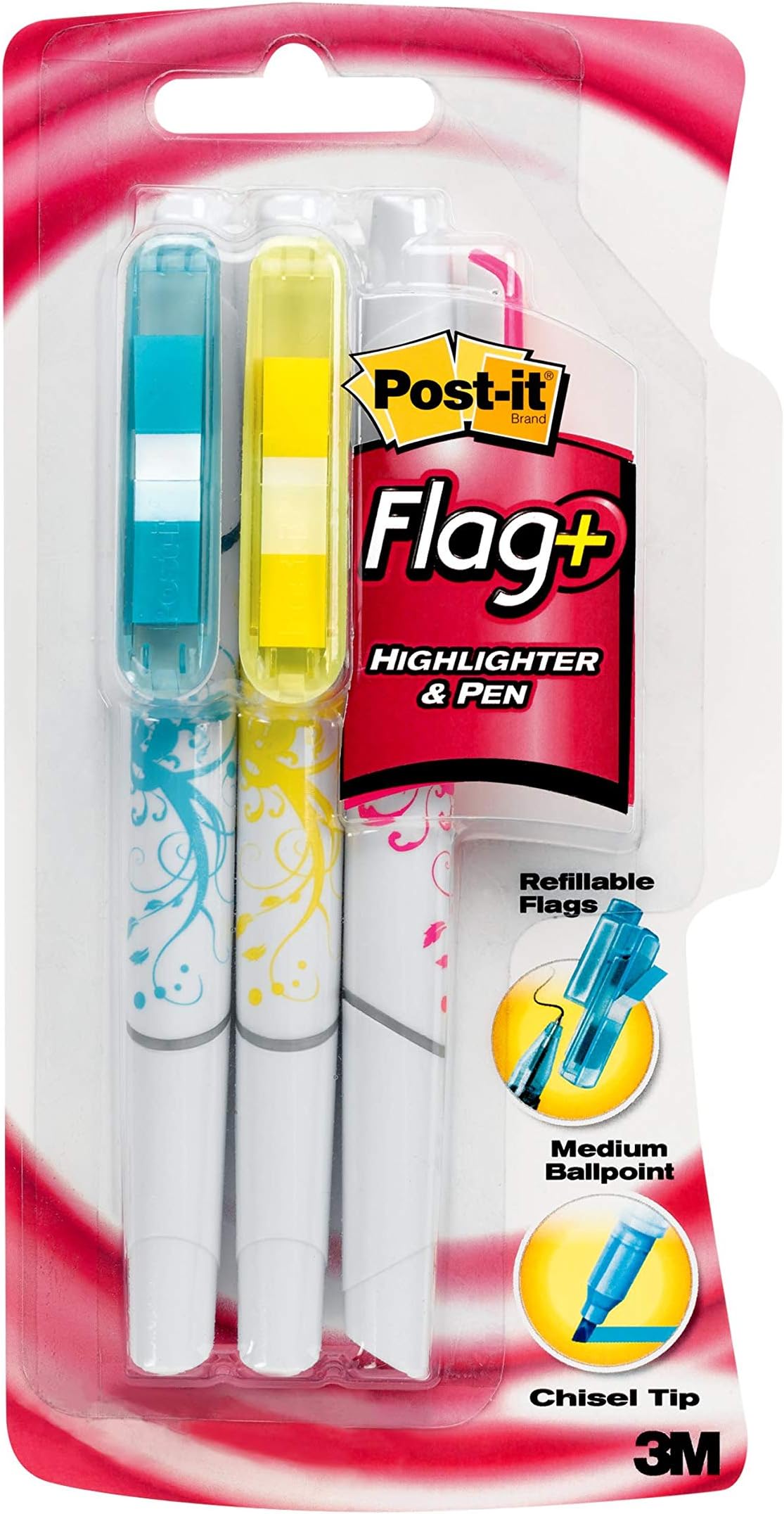 Postit Flags + Highlighter & Pen, 3 Pack of Yellow, Blue, Pink Highlighters and