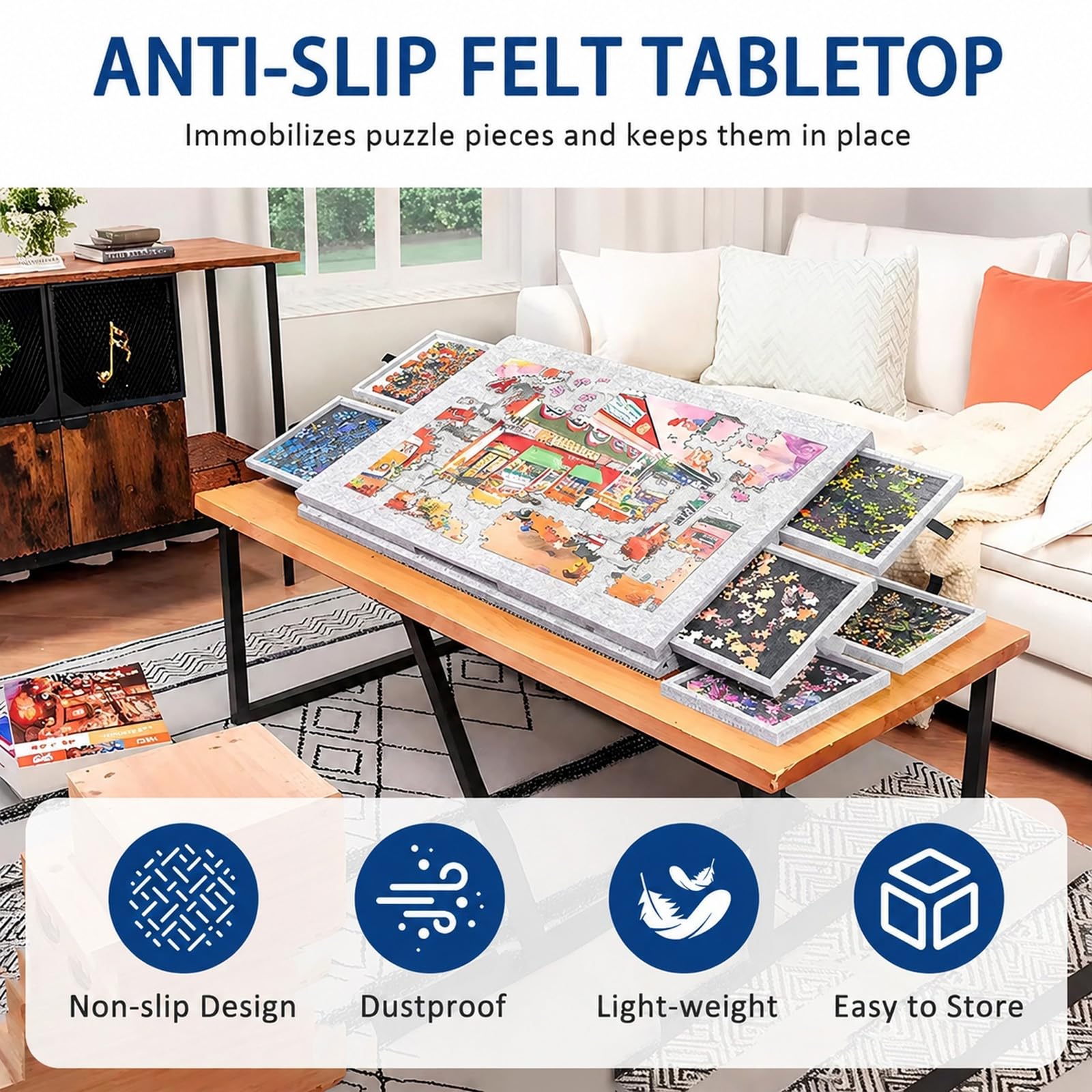 Tragbares Puzzlebrett mit 6 Farbigen Sortierfächern, 2-in-1 Puzzle Tisch & Abdeckung, Puzzle Board Puzzleunterlage für bis zu 1000 Teile – Puzzleboard klappbar & rutschfest (Silbergrau)