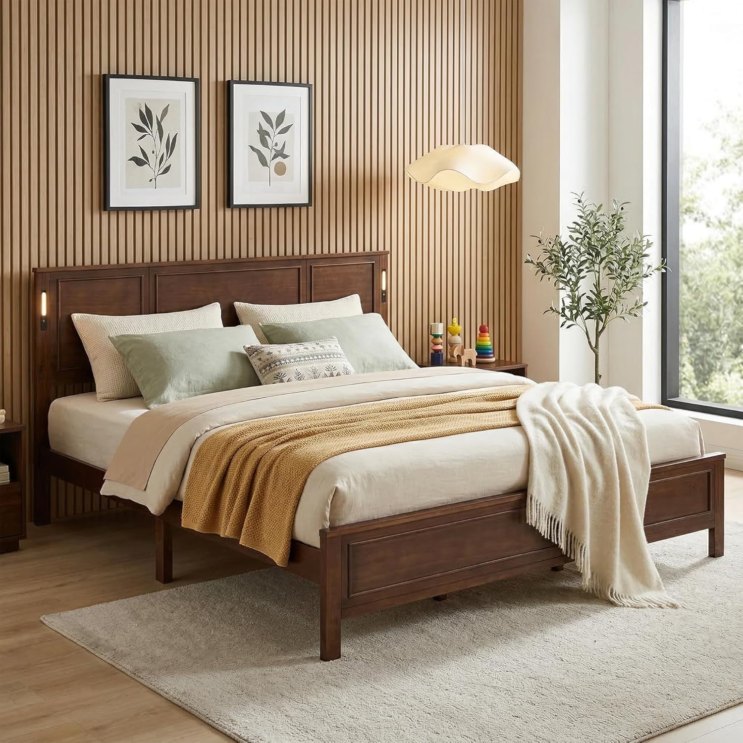 VECELO King Size Farmhouse Platform Bed Frame with LED Headboard, Dual USB & Type-C Charging Ports,Under-Bed Storage, Solid Wood Slat, No Box Spring Needed, Rustic Style Bed for Bedroom, Walnut
