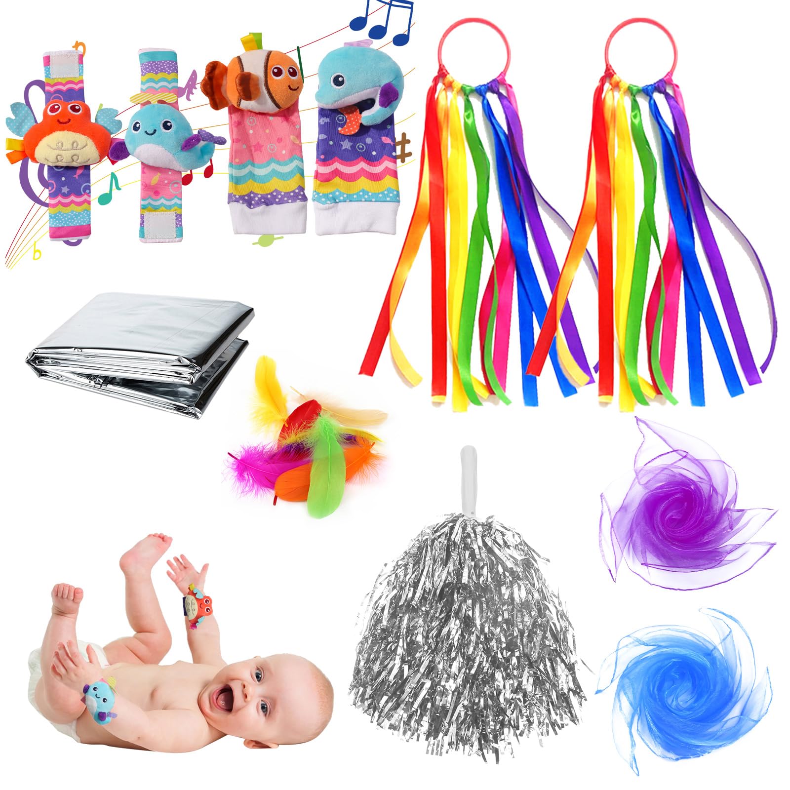 20 Pcs Baby Sensory Toys Set, Coloured Sensory Toys for Babies with Baby Wrist & Ankle Rattles, Foil Blanket, Rainbow Ribbons, Sensory Scarves, Feathers, Pom Pom for Babies Newborn Toddler Gift Set