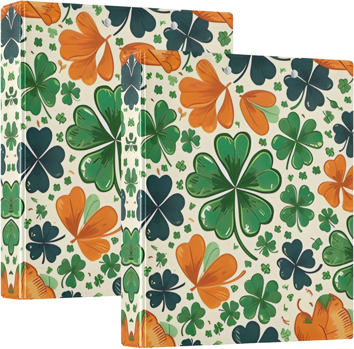 St. Patrick's Day Colorful Clover 3 Ring Binders, 1.5” Round Ring Binders with Clipboard - Letter Size, 3 Interior PVC Clear Pockets & Anti-Slip Clip for Office School Supplies, 2PCS