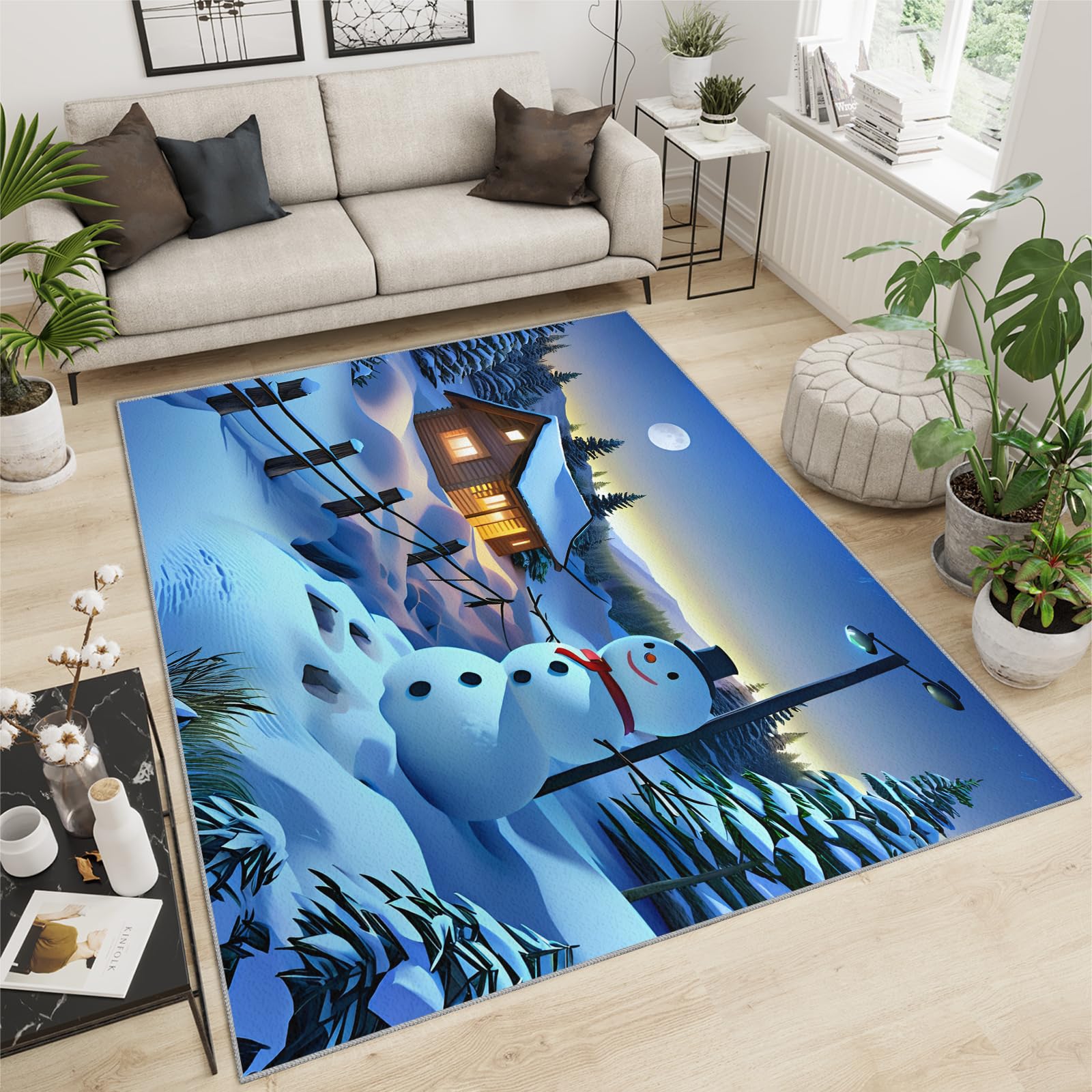 YXQAIED 60x180 Runner Rug, Christmas Indoor Non-slip Rugs for Boys Girls Room Decor, Snowy Mountain Houses Printed Rugs Fir Trees and Snowman Stain Resistant Rugs for Living Room Bedroom