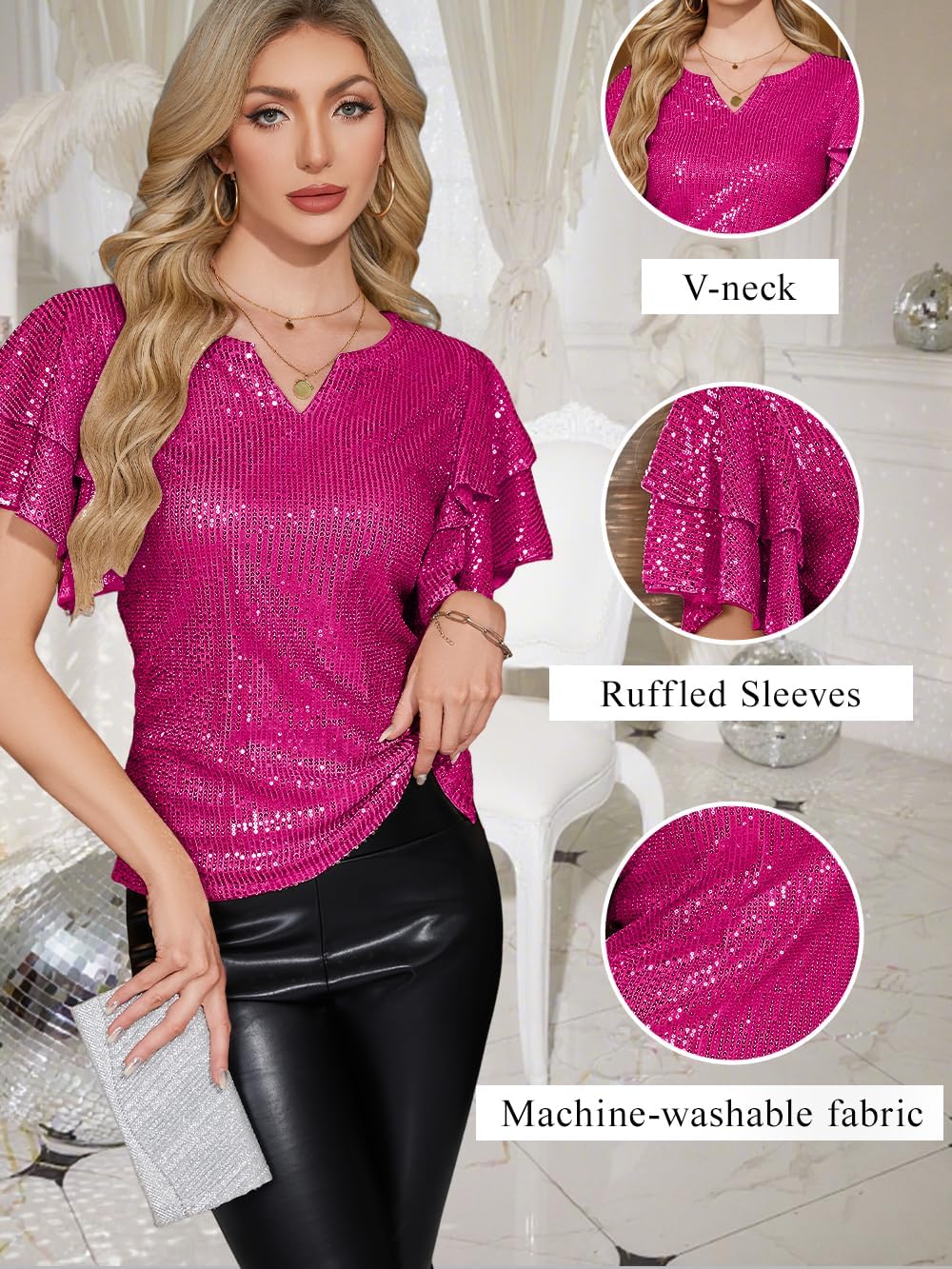 Women Sparkle Sequin Tops Glitter V Neck Blouse Tiered Ruffles Sleeve Cocktail Soiree Evening Party Disco Club Shirt - Image 4