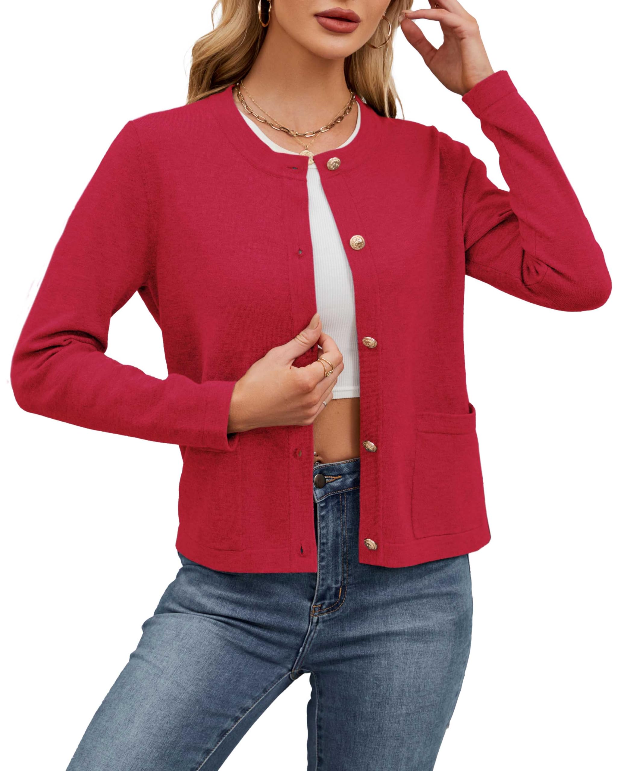 Neineiwu Strickjacke für Damen Eleganter Rundhalsausschnitt Langarm Cardigan mit Knöpfen und Goldene Metallknöpfe Taschen