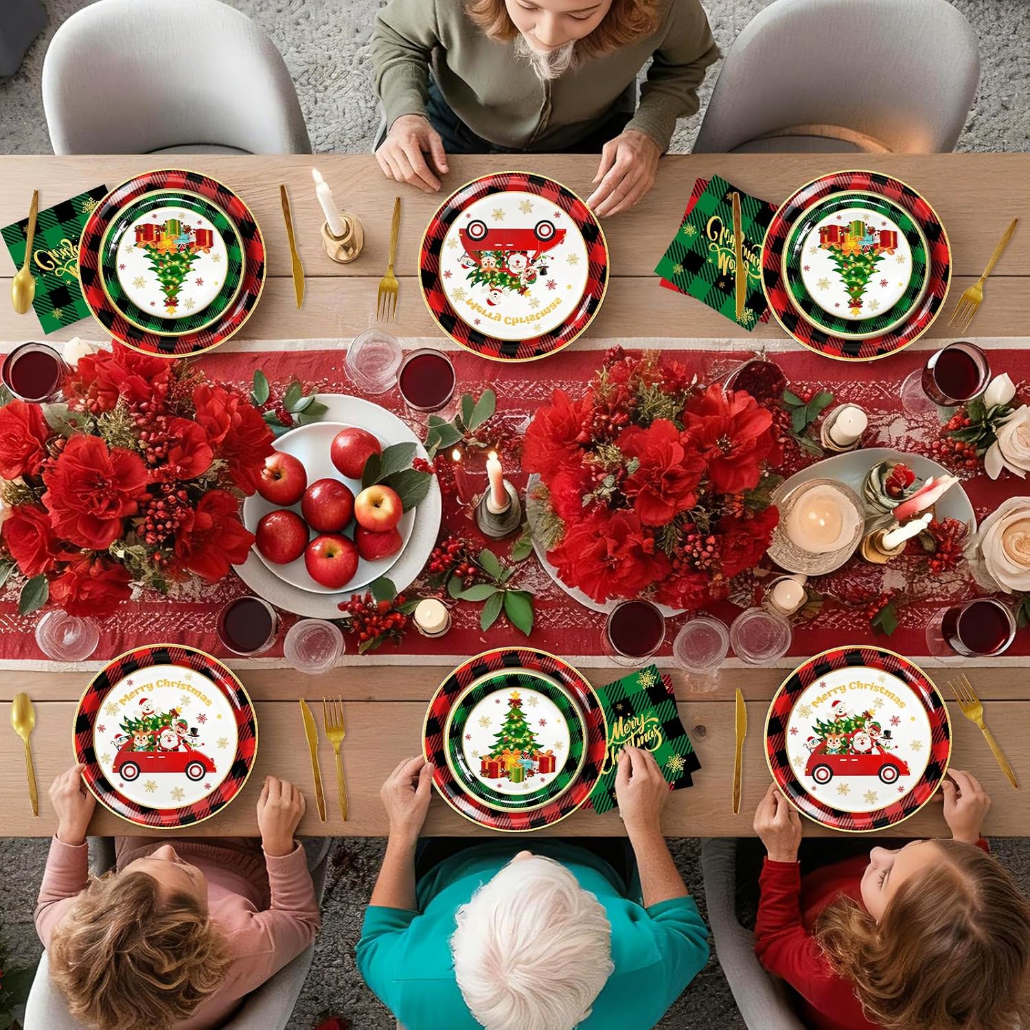 216 Pcs Merry Christmas Plates and Napkins Sets Disposable Merry Christmas Dinnerware Set with Paper Plates, Napkins, and Utensils for Holiday Party Xmas Party Supplies Decoration,Serves 24 - Image 2