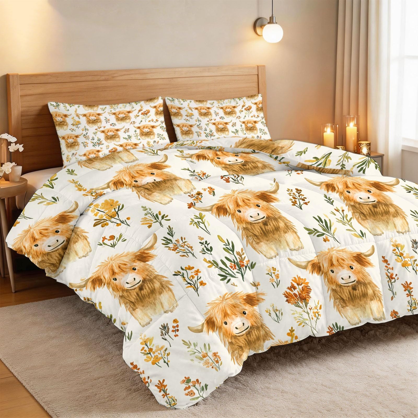 Edredon Relleno nordico Cama Infantil Algodón - Animal Ganado de las Highlands Campo Granja Cama 180 - Bebe rellena Juego de Manta 260x240 cm con Almohada 50 x 75 cm por niños e niñas Amarillo mostaza
