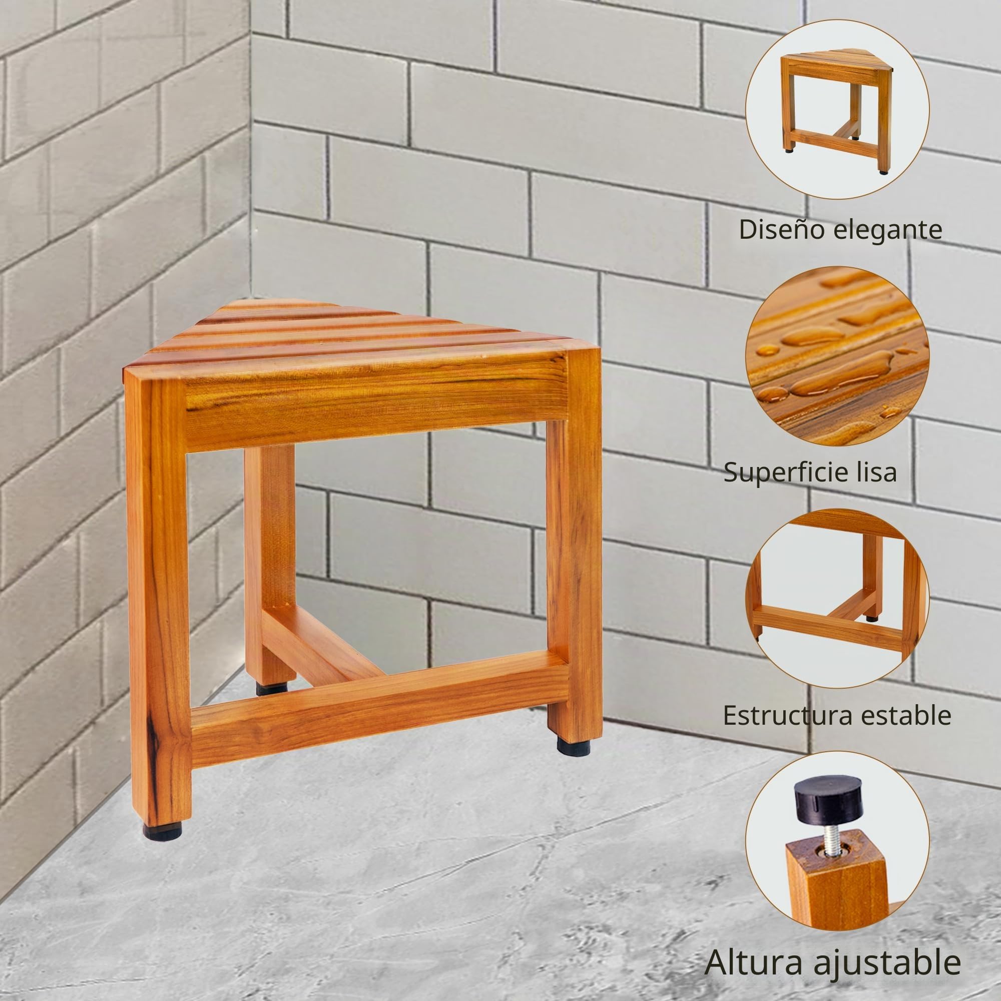 VaeFae Banco esquinero de Ducha de Teca, reposapiés de Madera, Banco de Ducha para Afeitar, Taburete de Ducha de Esquina para Ducha Interior, baño