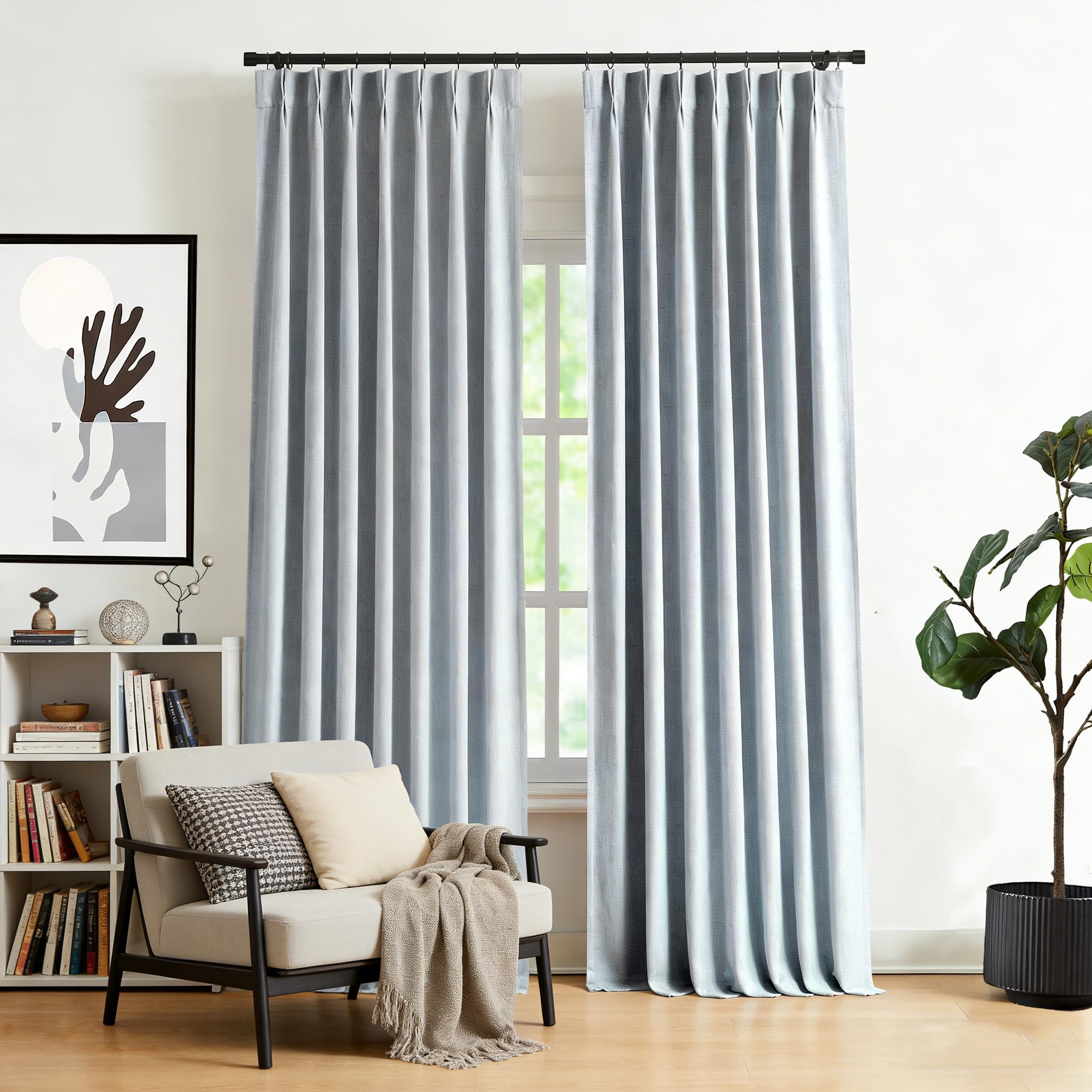 Blue Grey Pinch Pleated Full Blackout Curtains Linen Blended Room Darkening Window Curtains 72 Inches for Living Room Bedroom Thermal Insulated Pinch Pleat Drapes Back Tab with Hooks 40" W x 72" Lx2