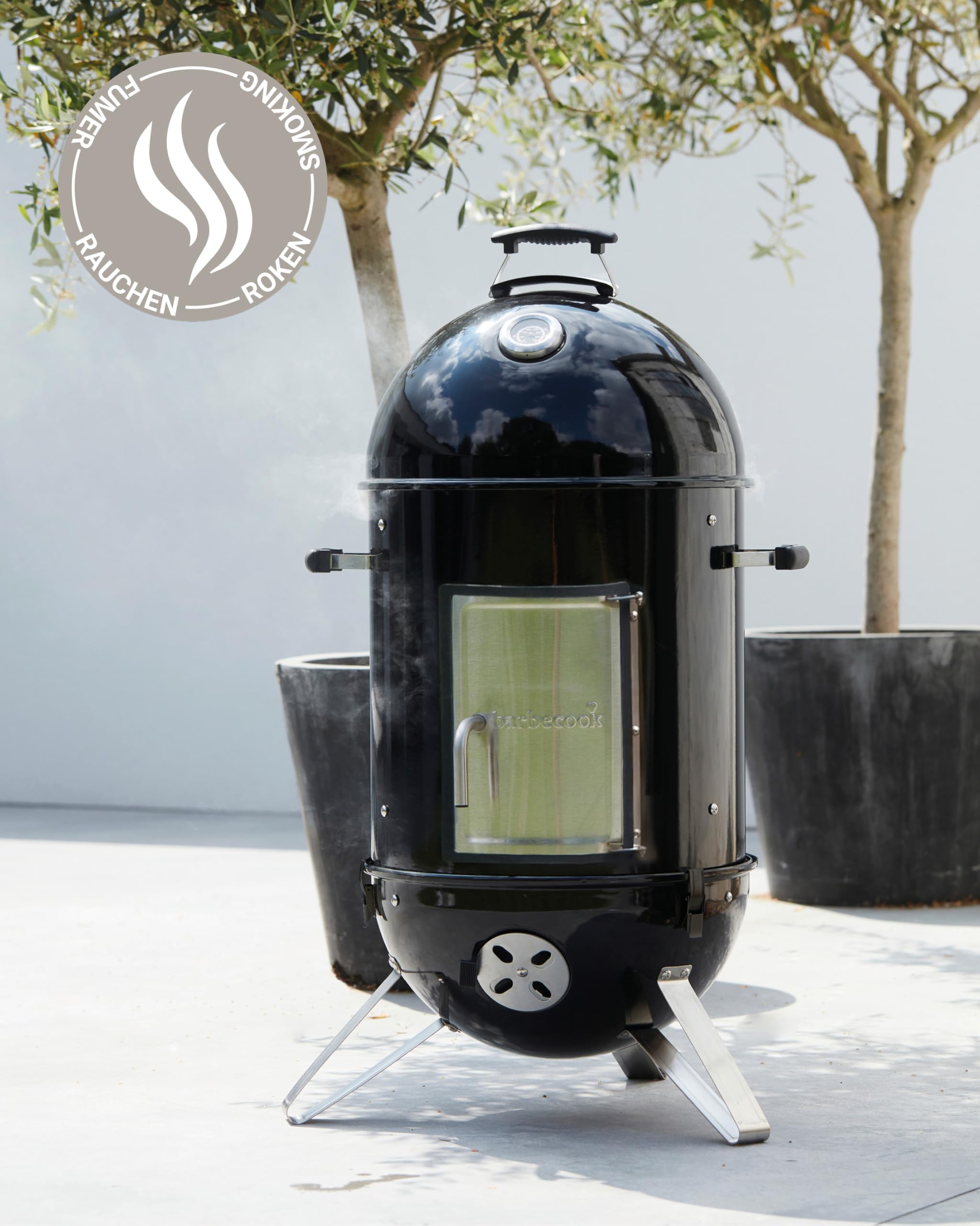 Barbecook Oskar M 3-in-1 smoker, affumicatore, barbecue e braciere per affumicatura a caldo e a freddo, smalto nero, griglia 44cm, 61X54X112cm