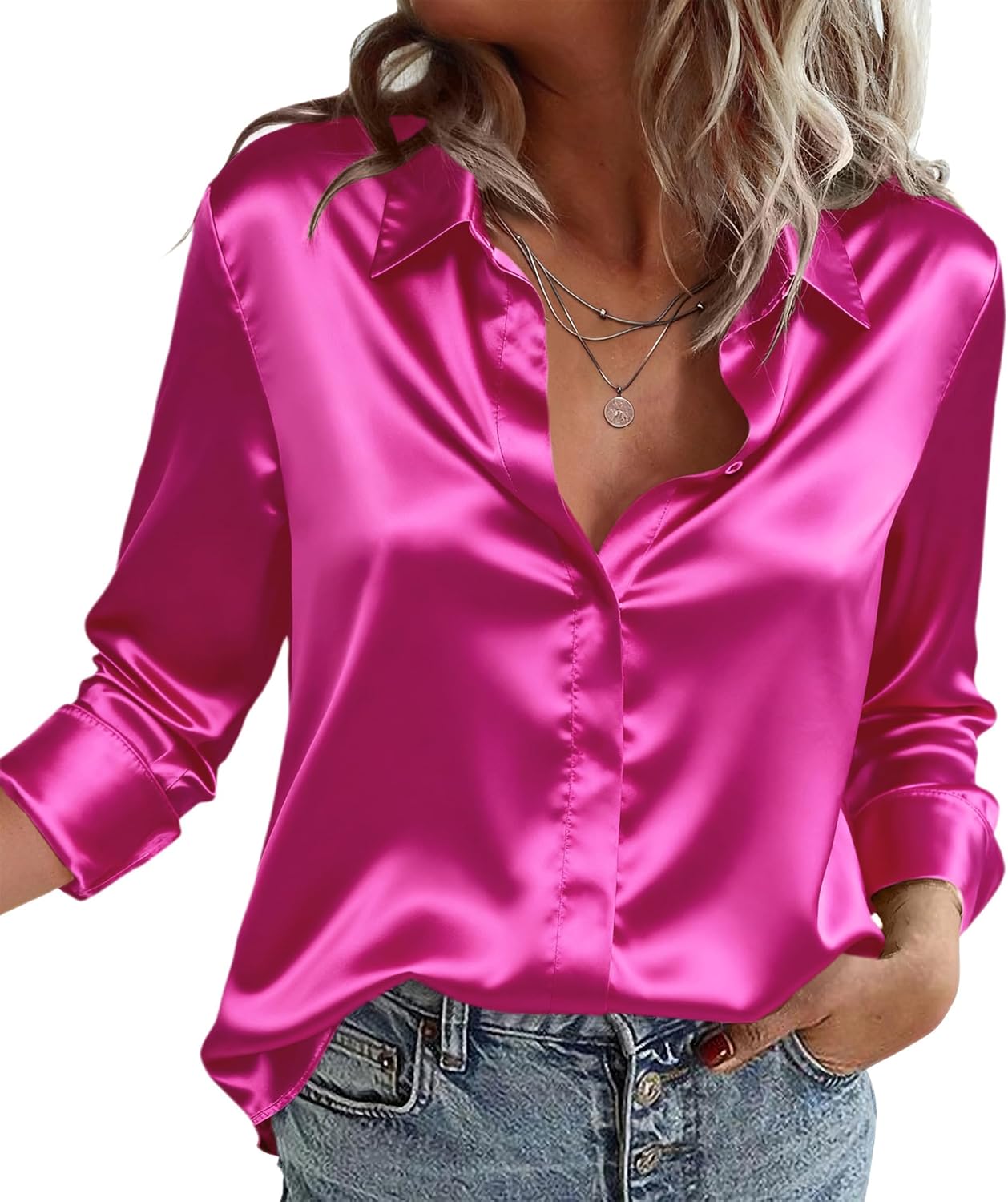 Zeagoo Satin Blouses for Women Casual Long Sleeve Button Down Silk Shirts Dressy Business Work Tunic Top