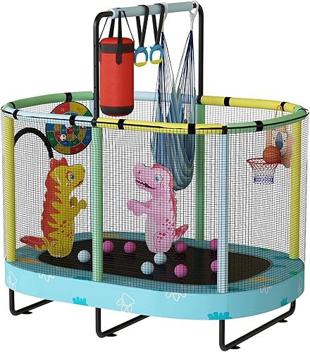 Lamerge Kids Trampoline, Toddler Bouncing Trampoline with Safety Enclosure Net, ASTM-Approved, 500lbs Capacity, Ages 1-8, Adjustable Handrail, Azul