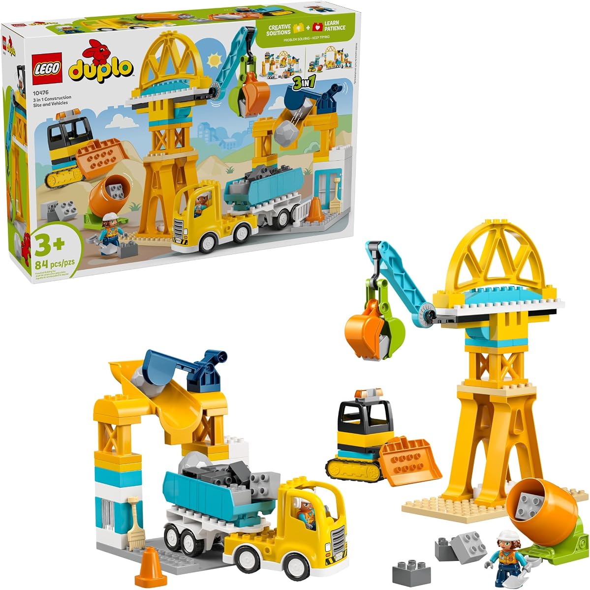 DUPLO Town 3 en 1 Sitio de construcción y vehículos de juguetes para niños pequeños - Juego de simulación para niños y niñas, mayores de 3 años - Bloques de construcción para la práctica de habilidades motoras finas - Regalo para cumpleaños - 10476