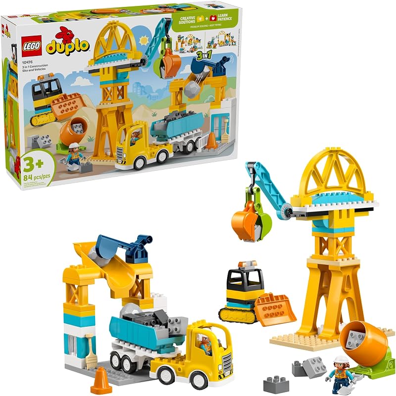 DUPLO Town 3 en 1 Sitio de construcción y vehículos de juguetes para niños pequeños - Juego de simulación para niños y niñas, mayores de 3 años - Bloques de construcción para la práctica de habilidades motoras finas - Regalo para cumpleaños - 10476