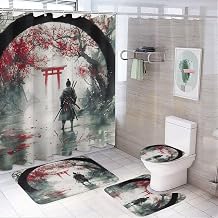 4pcs Retro Samurai Floral Mountain Shower Curtain Set with Rugs, Toilet Lid Cover and Bath Mat, Tree Japanese Bathroom Curtains Decor Shower Curtains, 72" X 72"