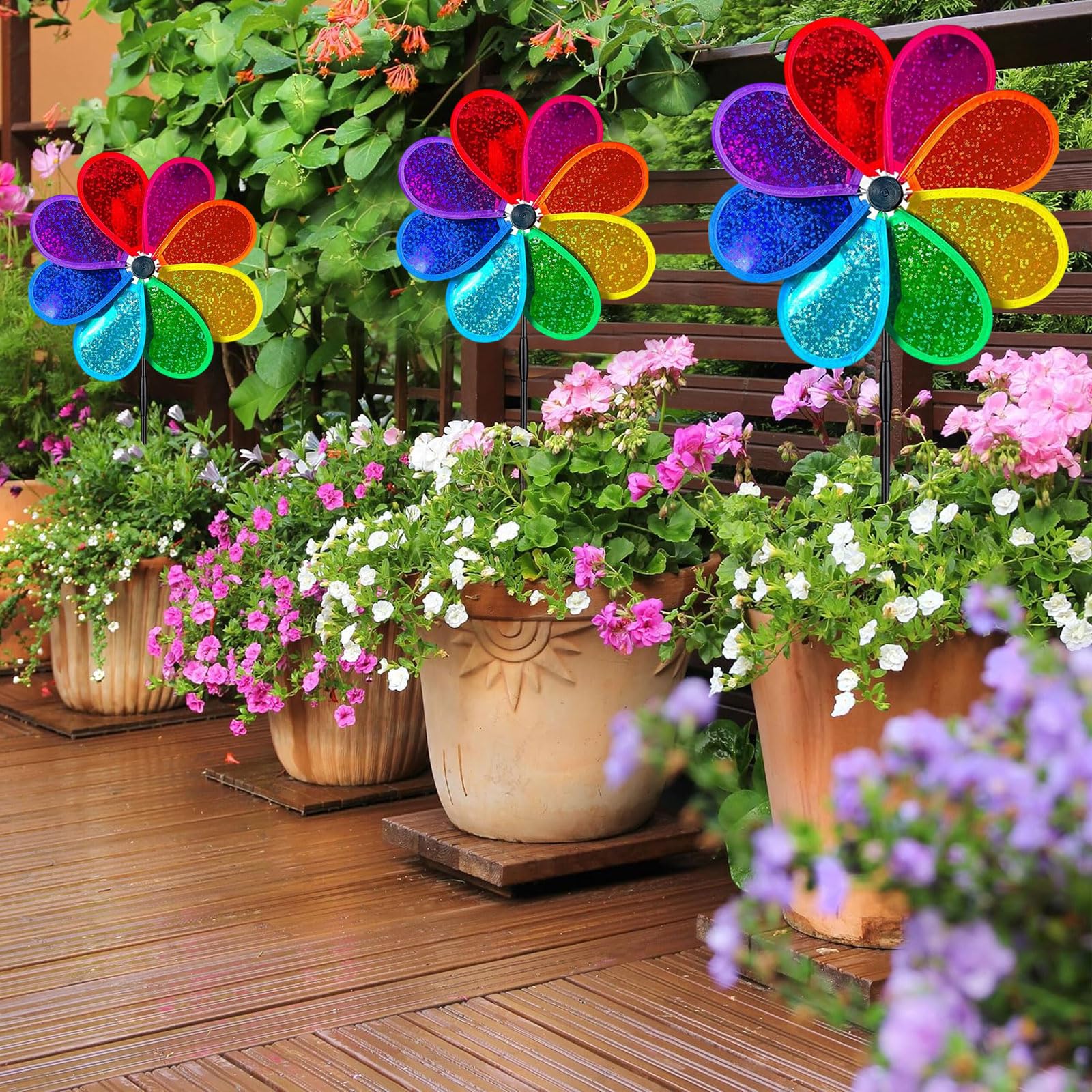 Girandole Spaventa Uccelli, 4 Pezzi Girandole, 30 cm Girandole a Vento, Paillettes a Otto Foglie Girandole da Giardino, Altezza Totale 71 cm, con Punta, per Giardino, Balcone, Prato