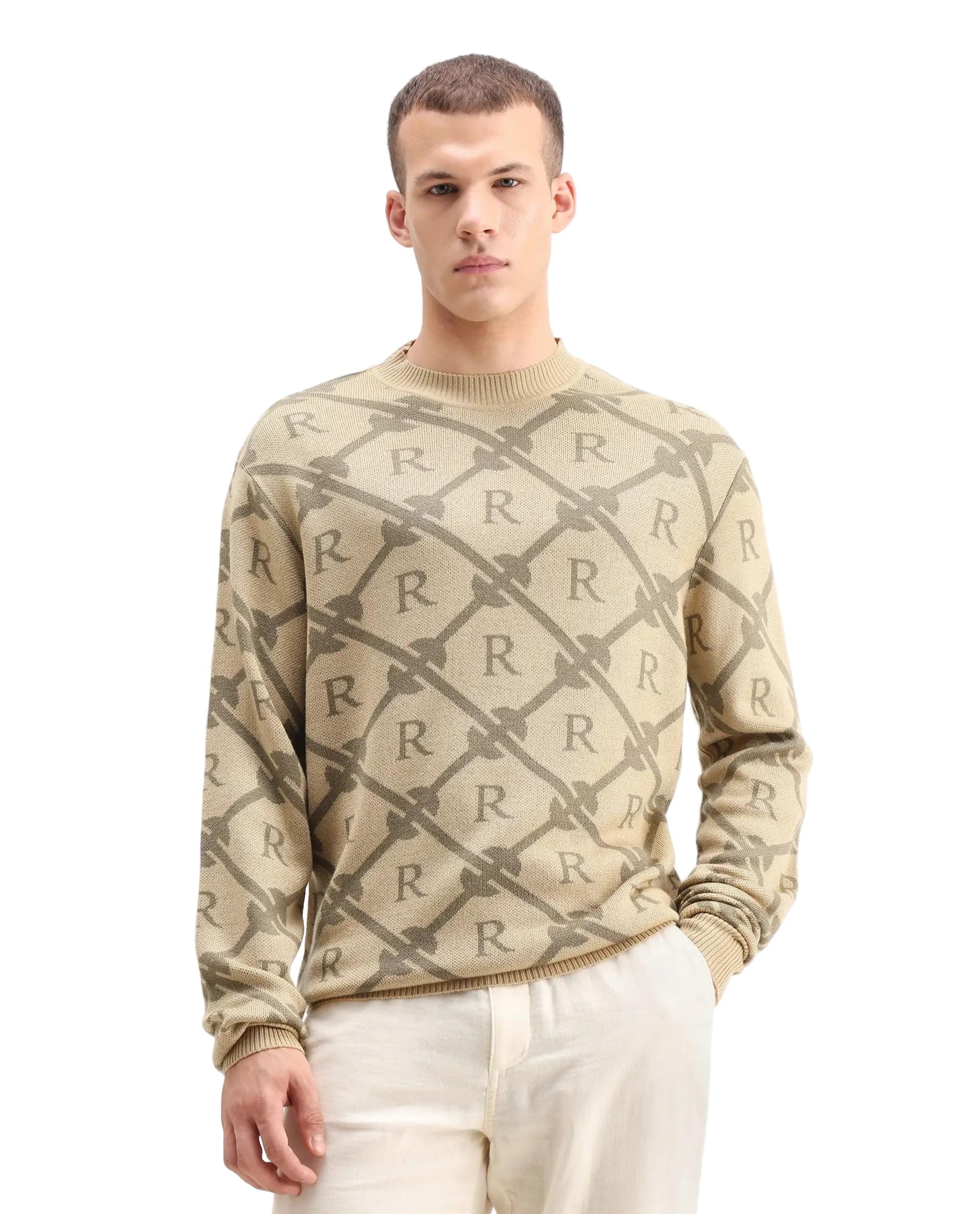 rare rabbit Men's Post Regular Fit Geometric Monogram Acrylic Crew Neck Sweater-picture-45