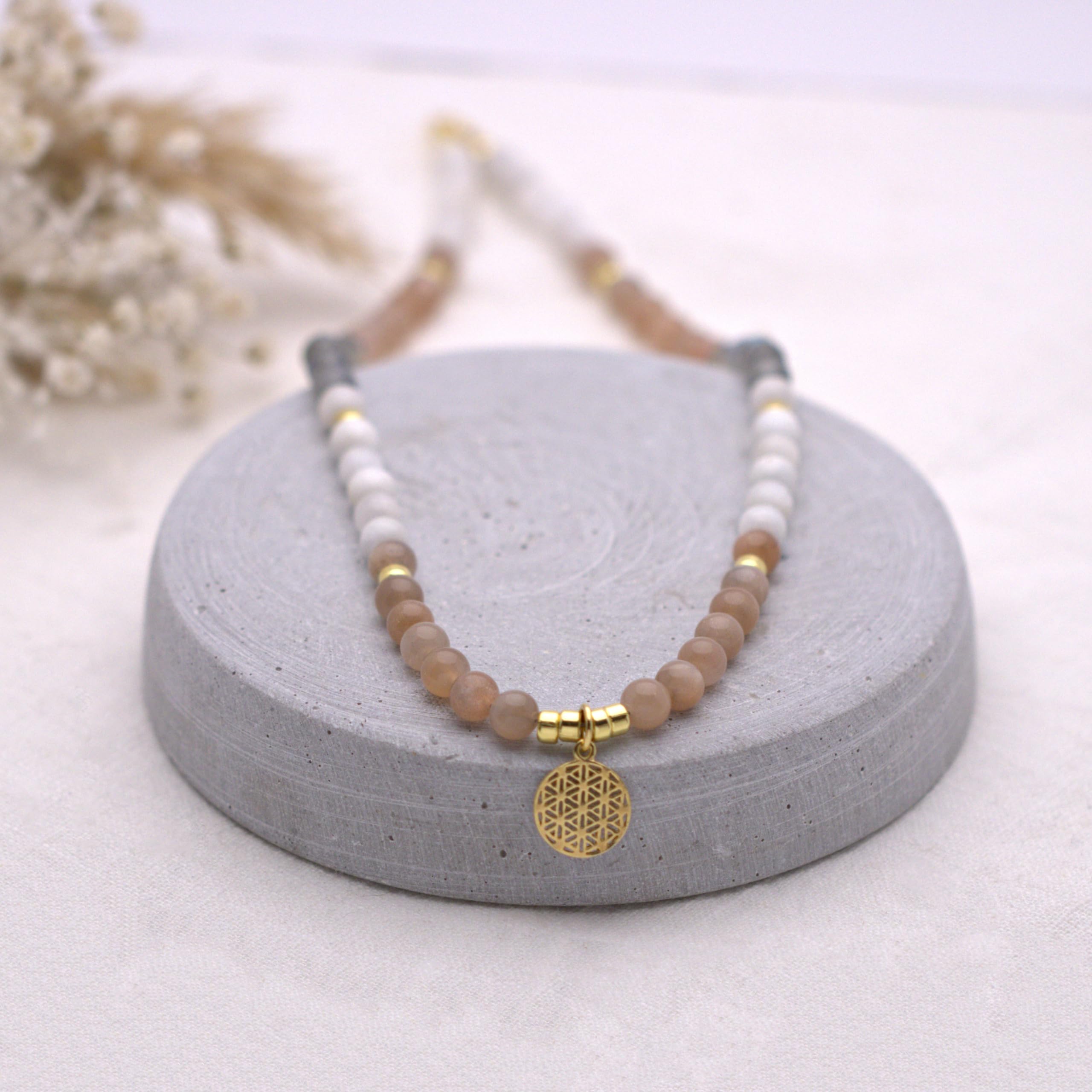 KARYSMA Echte Edelstein-Kette mit Anhänger Lebensblume, 925er Silber, Gold oder Roségold plattiert