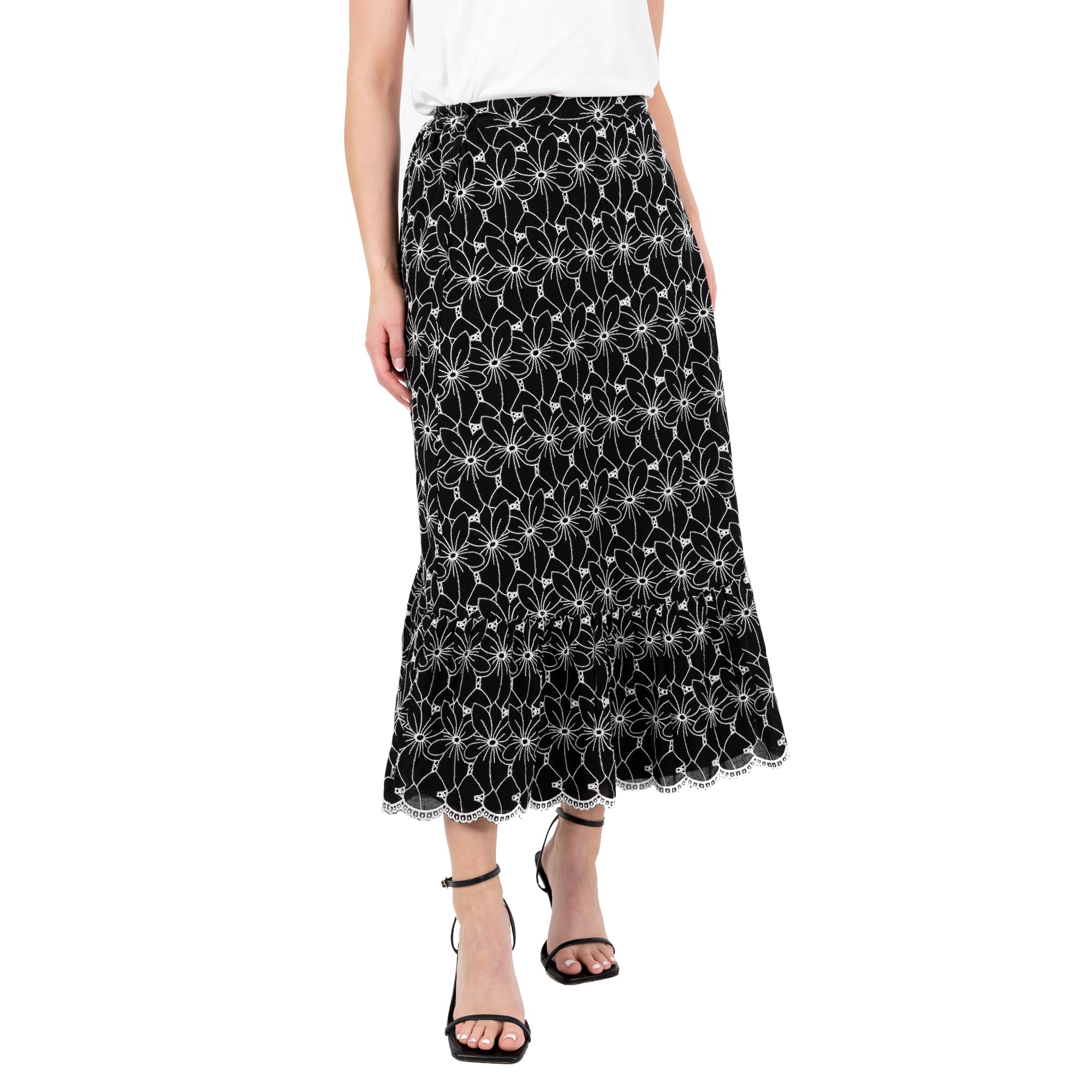 Lovedrobe Women's Midi Skirt Ladies Broderie Anglaise Floral Scalloped Tiered Hemline Monochrome Boho A-line Embroidered, Black 16