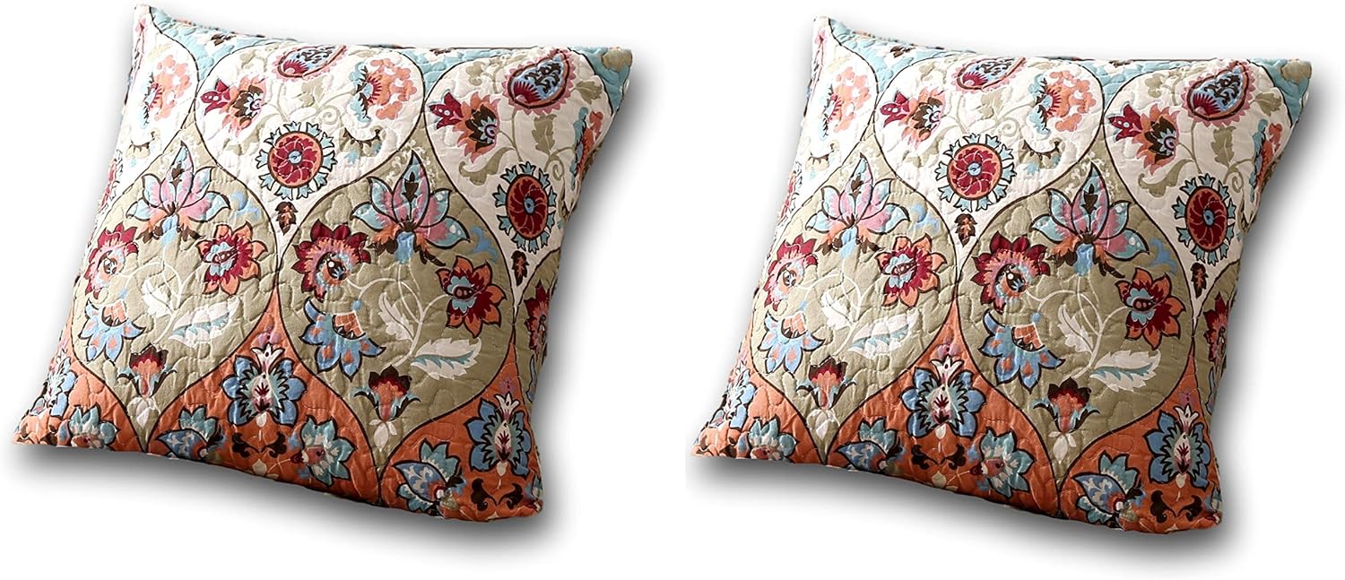 DaDa Bedding Throw Pillow Covers - Set of Two Bohemian Garden Party - Floral Paisley Multi Colorful Coral Blue - 18" x 18"