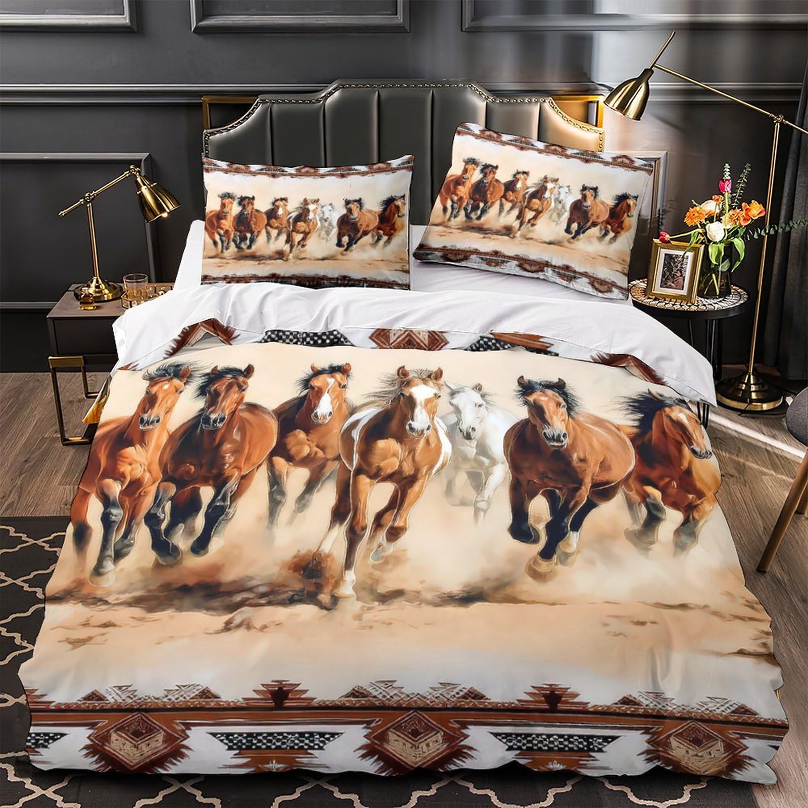 Housse de couette chevaux sauvages 260x220 cm avec taies d'oreiller lit super king