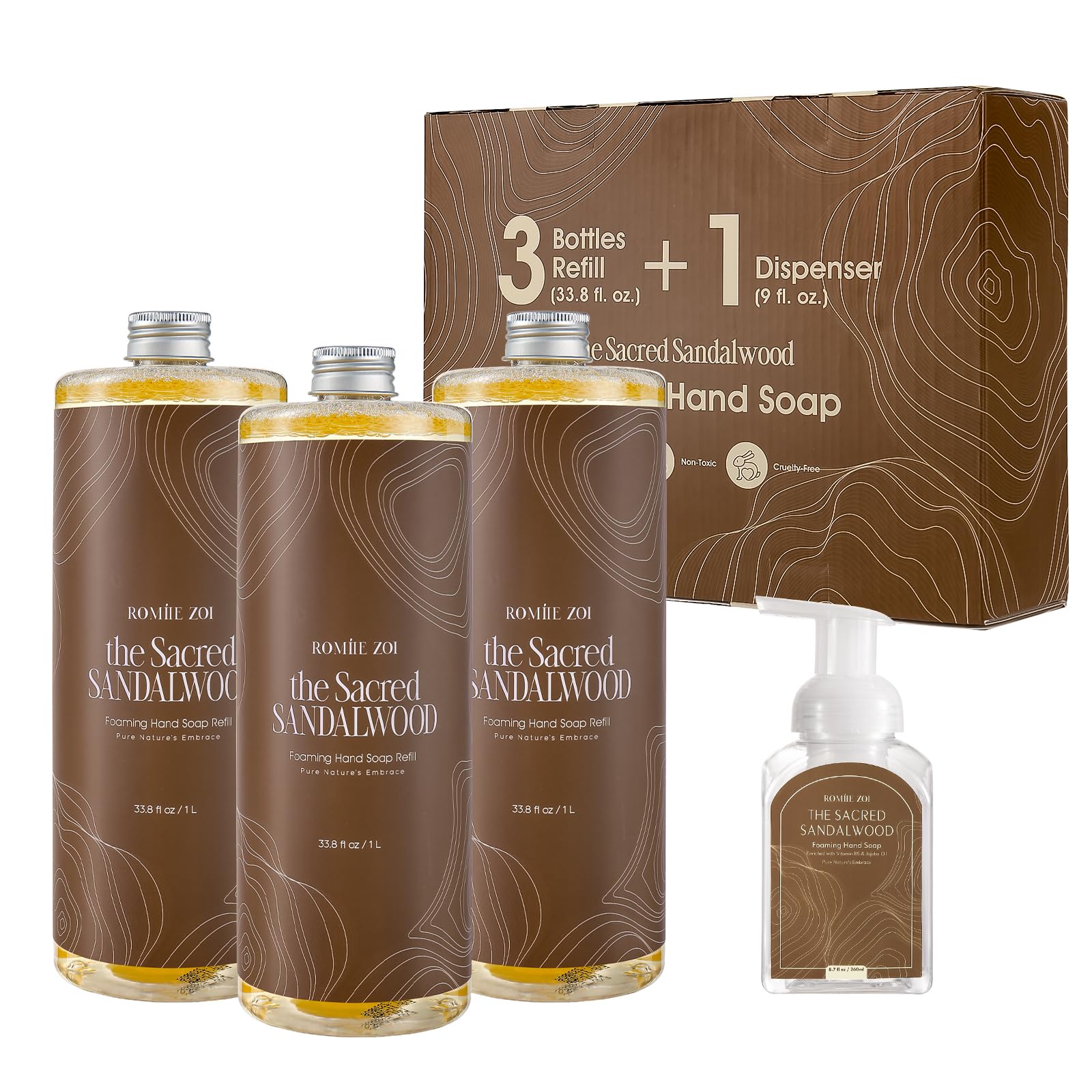 ROMIIE ZOI Foaming Hand Soap Refill Gift Set-3 Pack with Dispenser, Cruelty-Free and Biodegradable Formula, Moisturizing with Essential Oil for