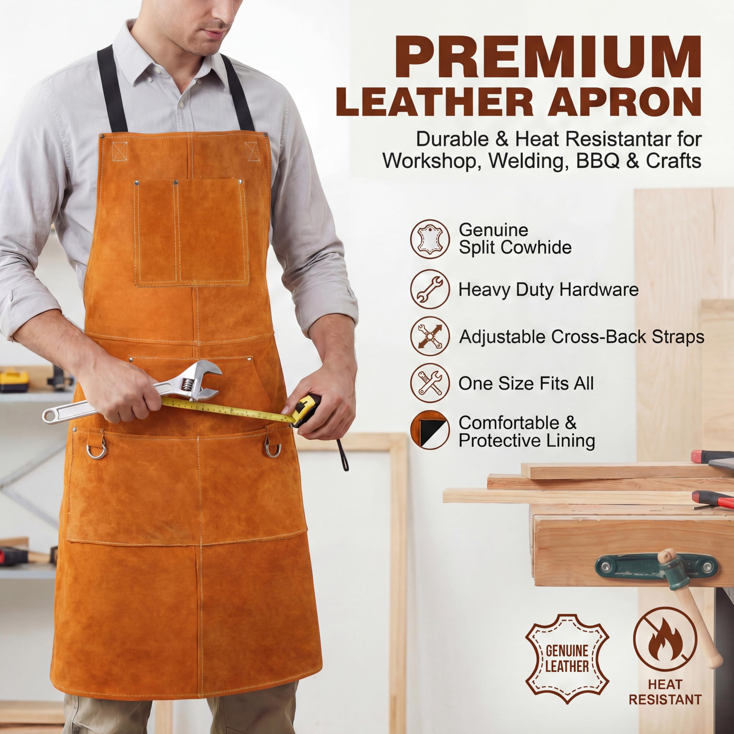 Delantal de Soldadura de Cuero Forro Suave – Resistente al Calor, Retardante de Llama, Delantal de Protección Robusto con Múltiples Bolsillos
