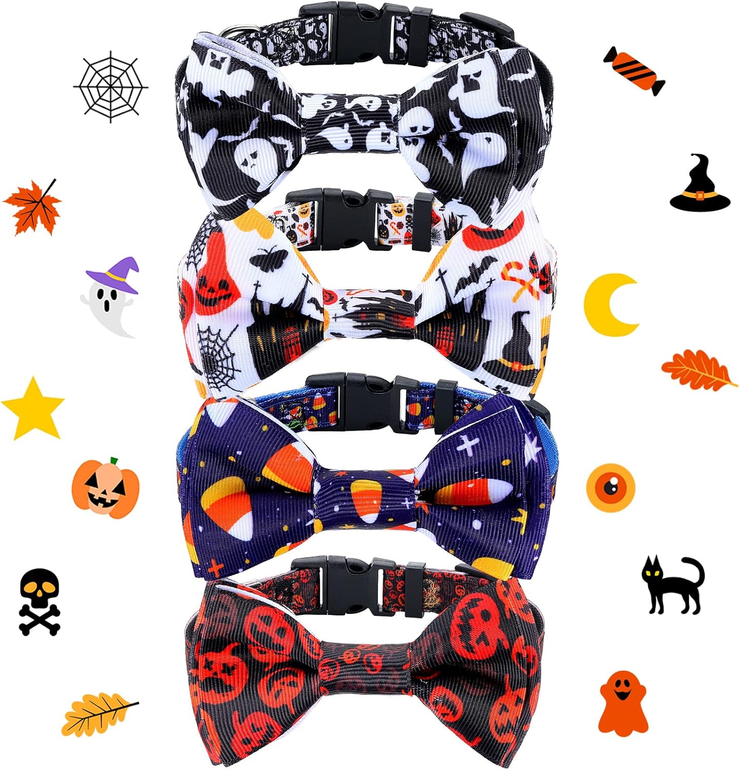 4 Pcs Halloween Dog Collar with Bow Tie Adjustable Basic Dog Collars Soft Comfortable Halloween Dog Cat Collar with Plastic Buckle for Puppy Small Medium Large Dogs Pets(Large) : Pet Supplies