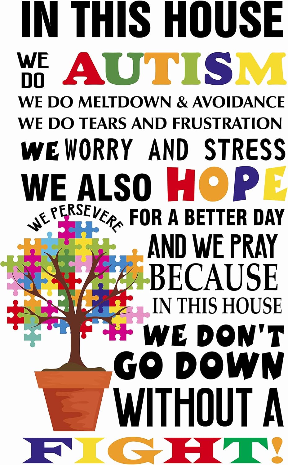Home Art Creat A Motivational Message Fighting Autism Vinyl Wall Decal - 20" x 33" Bedroom Living Room Colorful Jigsaw Puzzle Tree Decor Art Adhesive Sticker Decoration - Multicolor