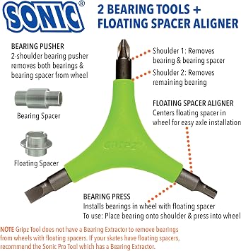 SONIC Gripz Inline Skate Tool, 6 Tools, 4 mm Hex, Rotate Wheels, Remove Bearings, 2 Screwdrivers to Adjust Hockey Helmets, Designed in USA