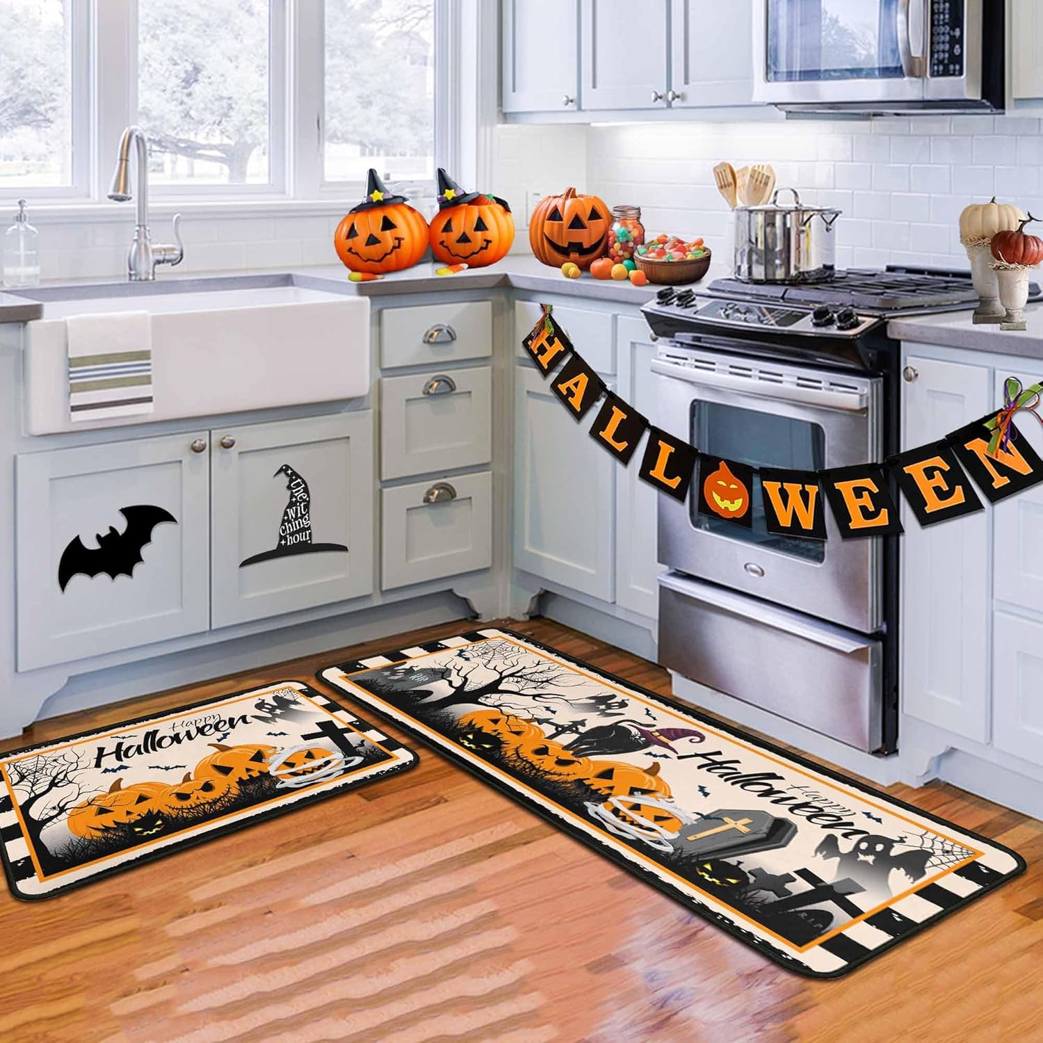 Halloween Kitchen Rugs and Mats for Floor, 2 Pcs Non-Slip Backing Pumpkin Mat, Halloween Decor Holiday Kitchen Rug Sets with Runner (17"x47.2"+17"x30")