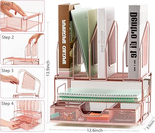 Miniatura 6 de Beiz Organizador de escritorio de oro rosa y almacenamiento de accesorios con 5 soportes verticales para carpetas de archivos, 2 bandejas de papel,