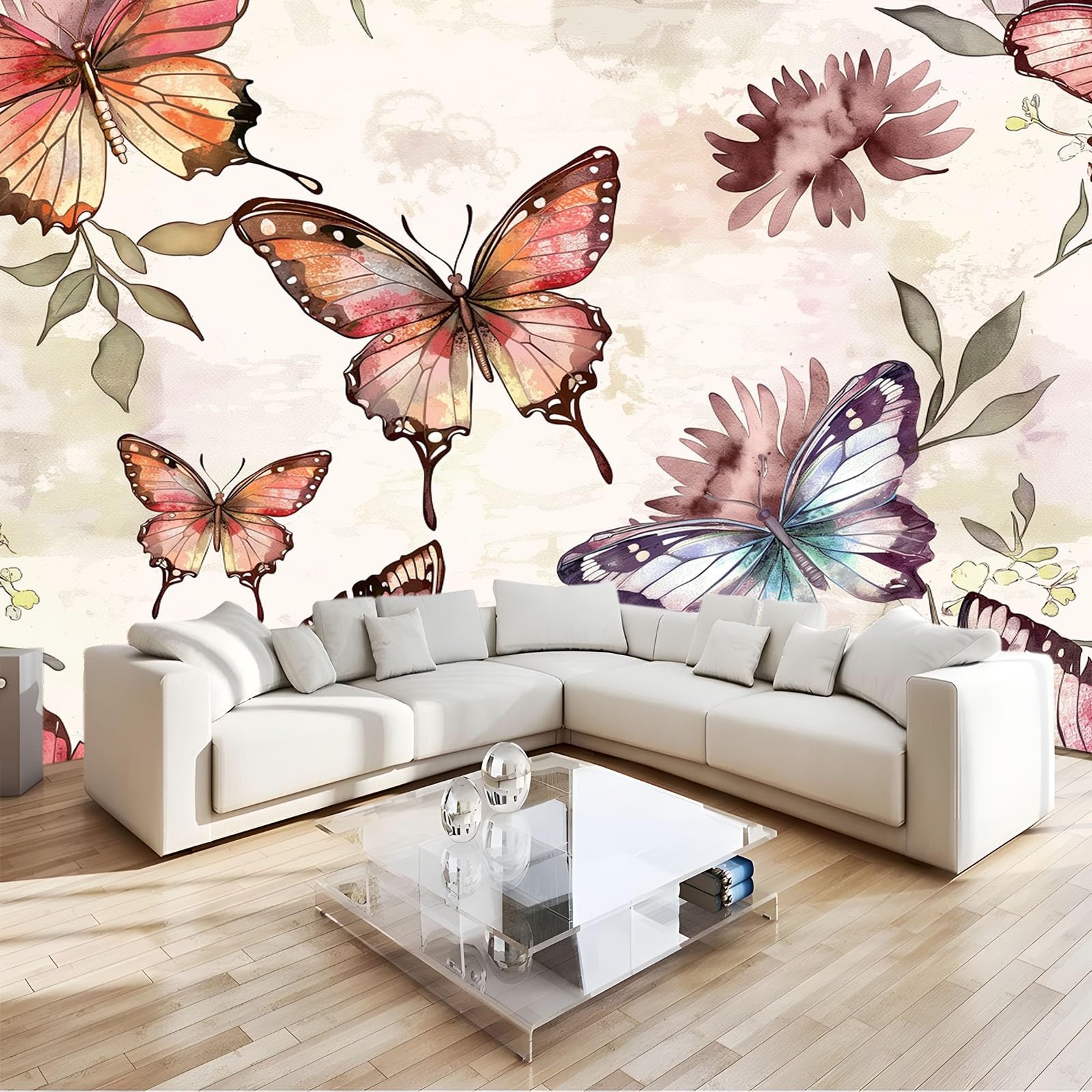 Papier peint aquarelle papillon pour rénover un mur abîmé de salon 350x256 cm