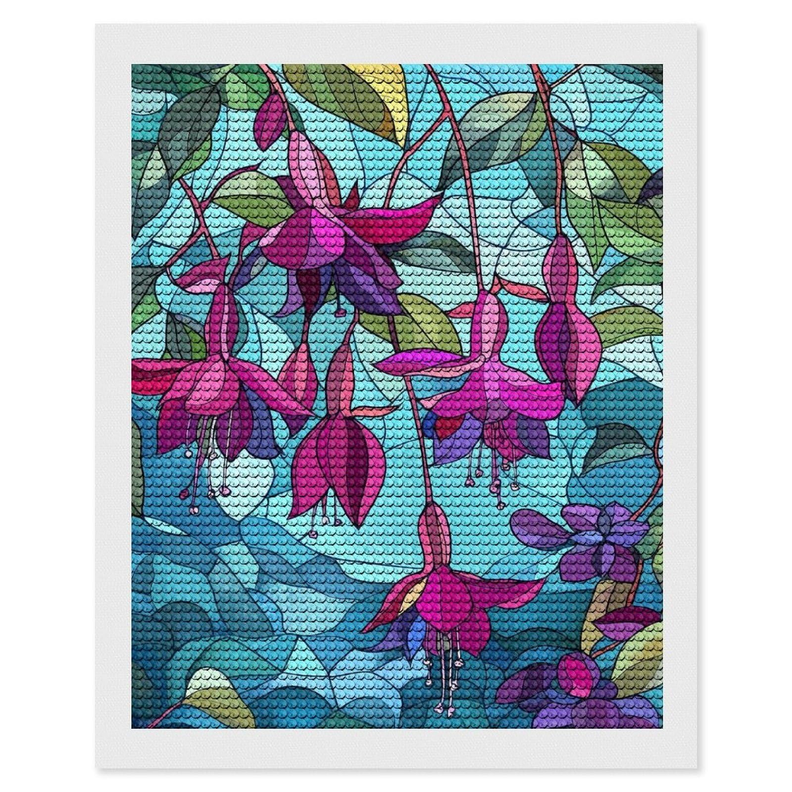 Junmoney Fuchsia Flowers Stained Glass DIY Diamond Art Canvas Kit 16"x20", for Teens, Finish and Display, Holiday Gift Idea, Vintage Style Decor