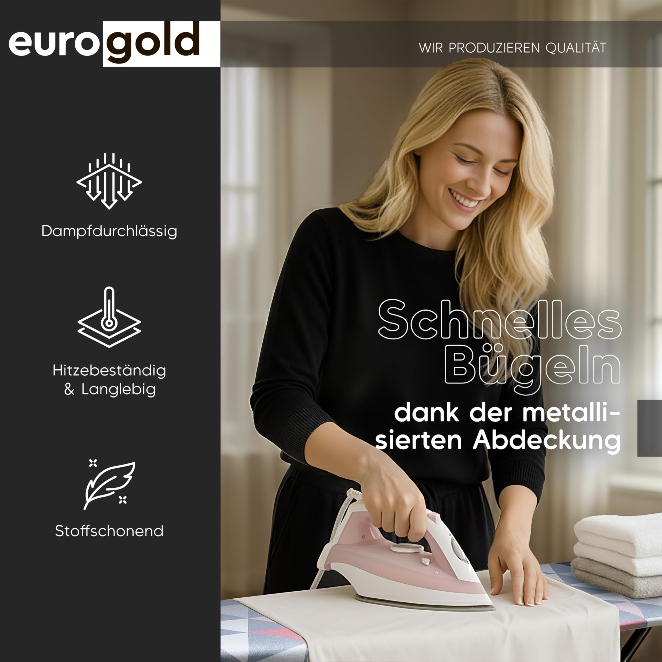 EUROGOLD® Bügelbrett mit Steckdose 120x42 cm, Nicht für Dampfbügelstation | Stabiler Bügeltisch höhenverstellbar, für zeitsparendes Bügeln, Ironing Board für Dampfbügeleisen, Made in Europe
