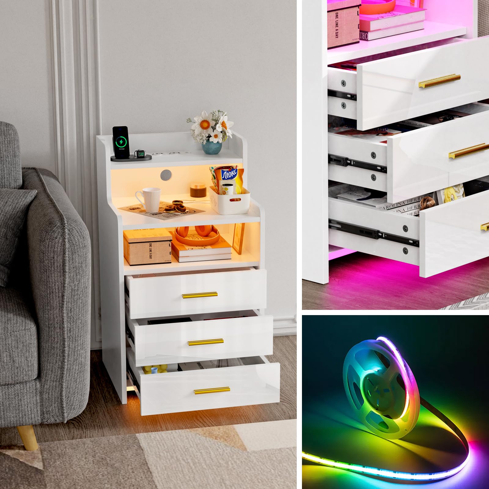 Mesita de Noche Blanca con luz LED - Mesa Auxiliar con Base de Carga, 3 cajón de Almacenamiento, Mesita de Noche para Dormitorio, Salón, 2 Puertos USB, 2 enchufes, Compartimento Abierto 45x40x76 cm