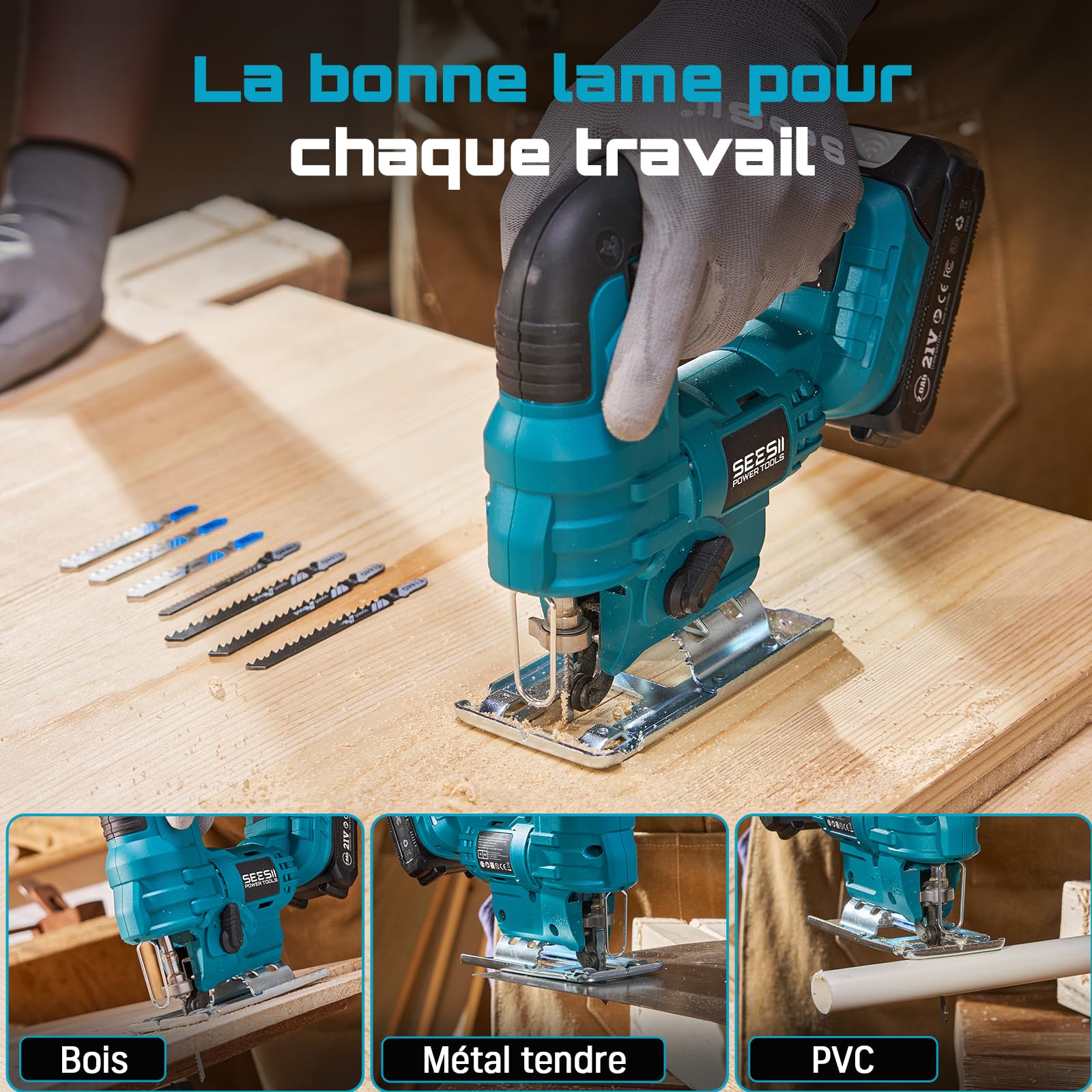 Seesii Scie Sauteuse Sans Fil 21V, Scie Sauteuse Électrique avec 2 × 2.0Ah Batteries, 2800 RPM Vitesse Variable pour la Coupe du Bois, 0°-45° Coupe en Biseau, Lumière LED, 4 Réglages Orbitaux