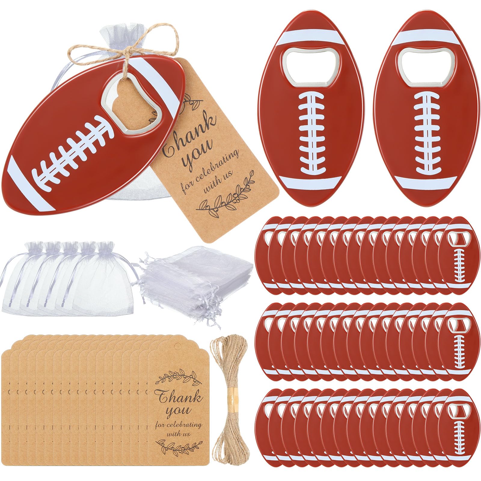 Layhit 48 Sets American Football Flaschenöffner mit Organza-Beuteln, Dankeschön-Etiketten, Fußball-Flaschenöffner, lustige Geschenke für Männer und Frauen, Sportbegeisterte, Studenten,