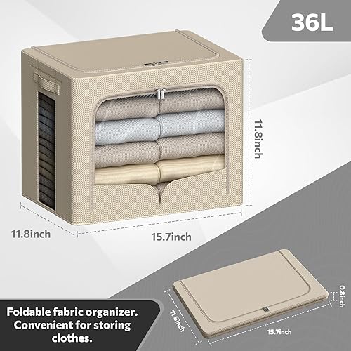 Miniatura 5 de 3 contenedores de almacenamiento de ropa con marco de metal, contenedores plegables de tela con tapa, cremalleras de ventana transparentes y asas