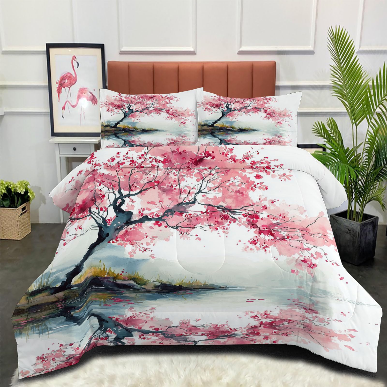 Nórdico Invierno Estilo De Pintura con Tinta Suave Ligero Edredón Árboles De Cerezo En Flor Cama 105 200x200cm Relleno Nordico Caliente y Cómodo - Transpirable, Lavable a Máquina, Rosa