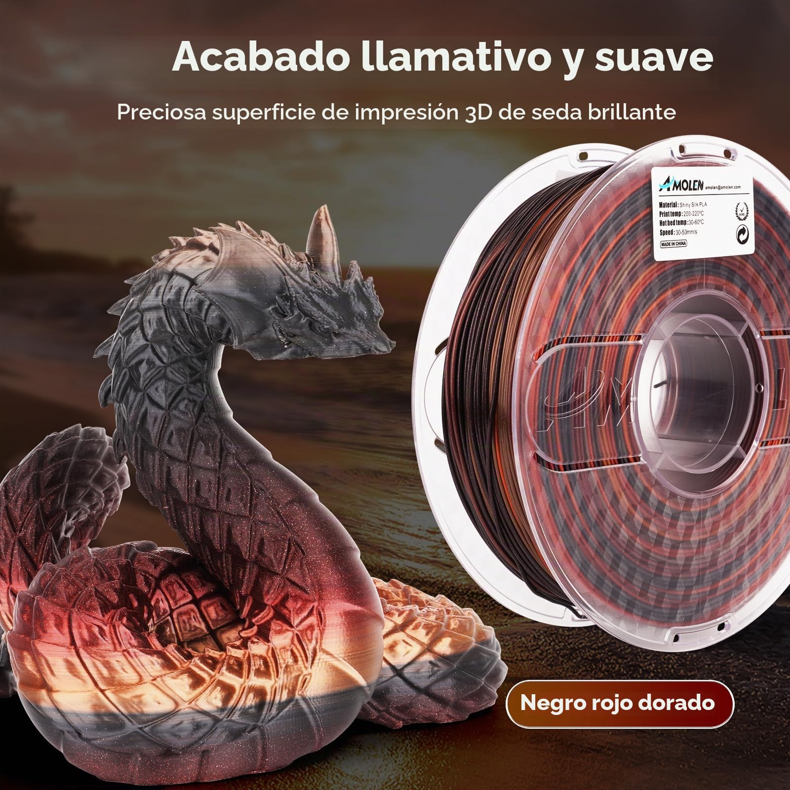 AMOLEN Filamento PLA 1.75mm, Filamento para Impresora 3D Seda Brillante de Tricolor Negro Rojo y Oro, Silk PLA Filamento 1KG/2.2lb