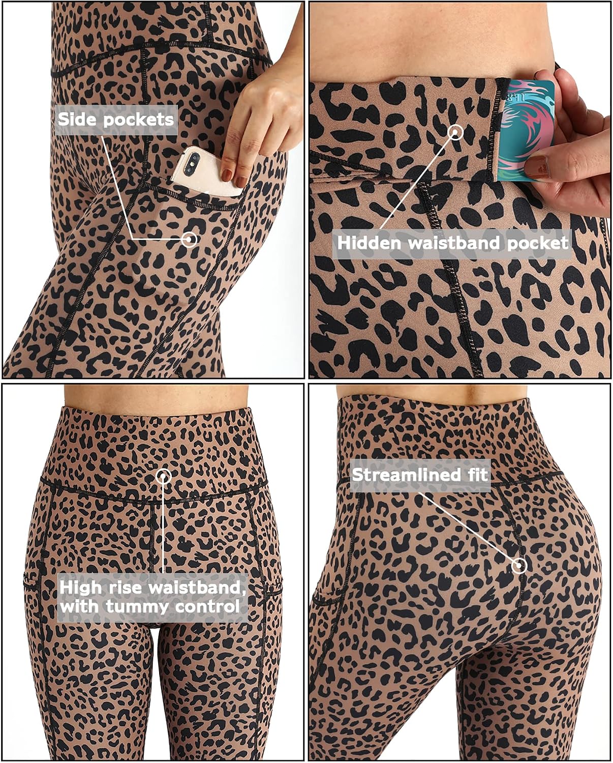 OUGES Womens High Waist Yoga Pants with Pockets Workout Running Leggings